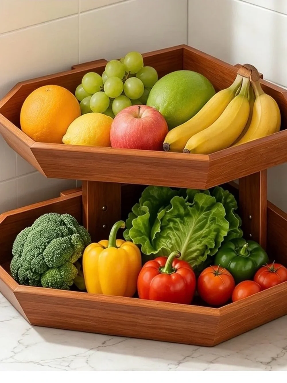 Wooden 2-Tier Fruit Basket for Kitchen Counter Space-Saving Organizer